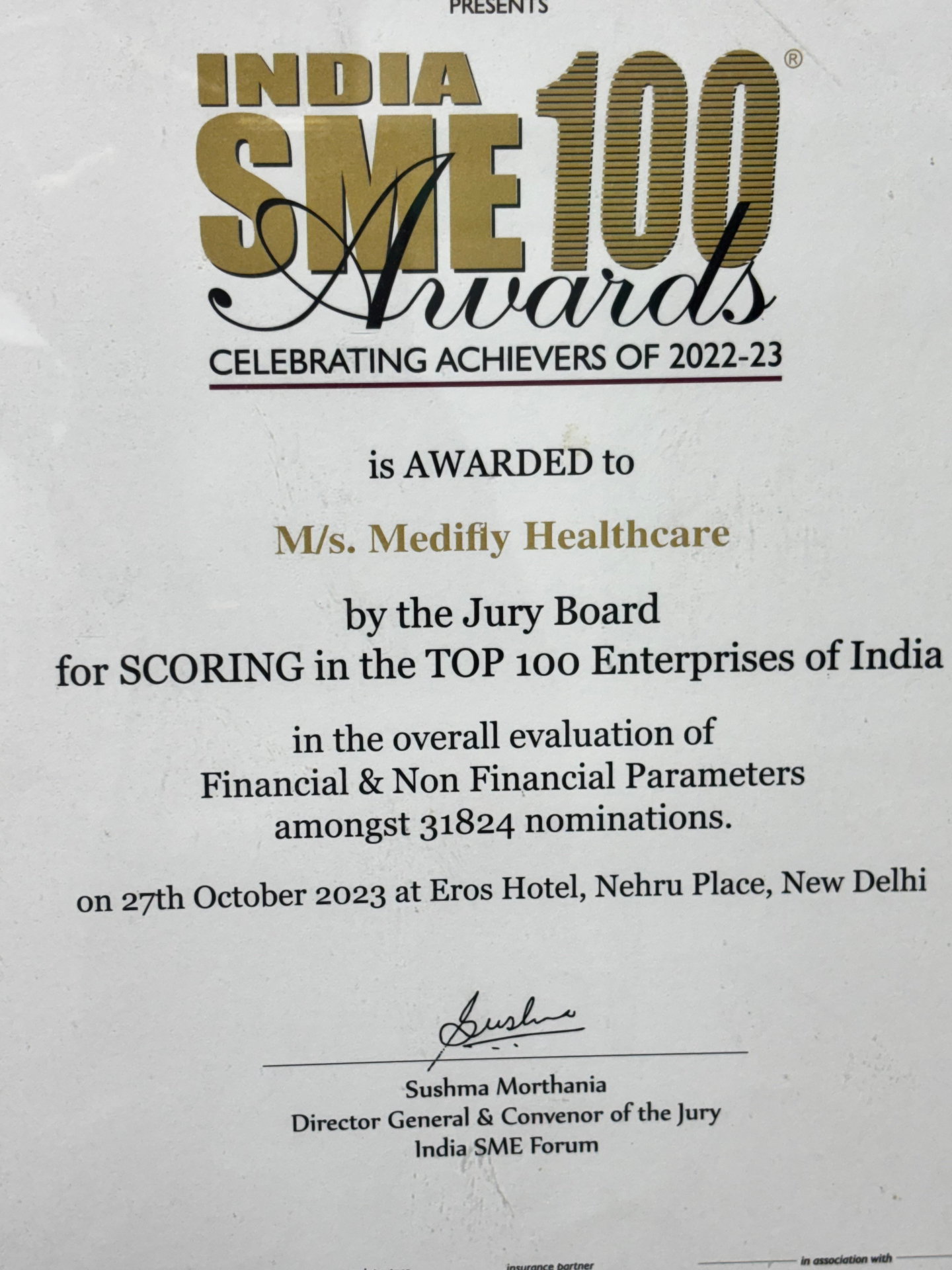 India SME 100 Awards certificate awarded to Medifly Healthcare