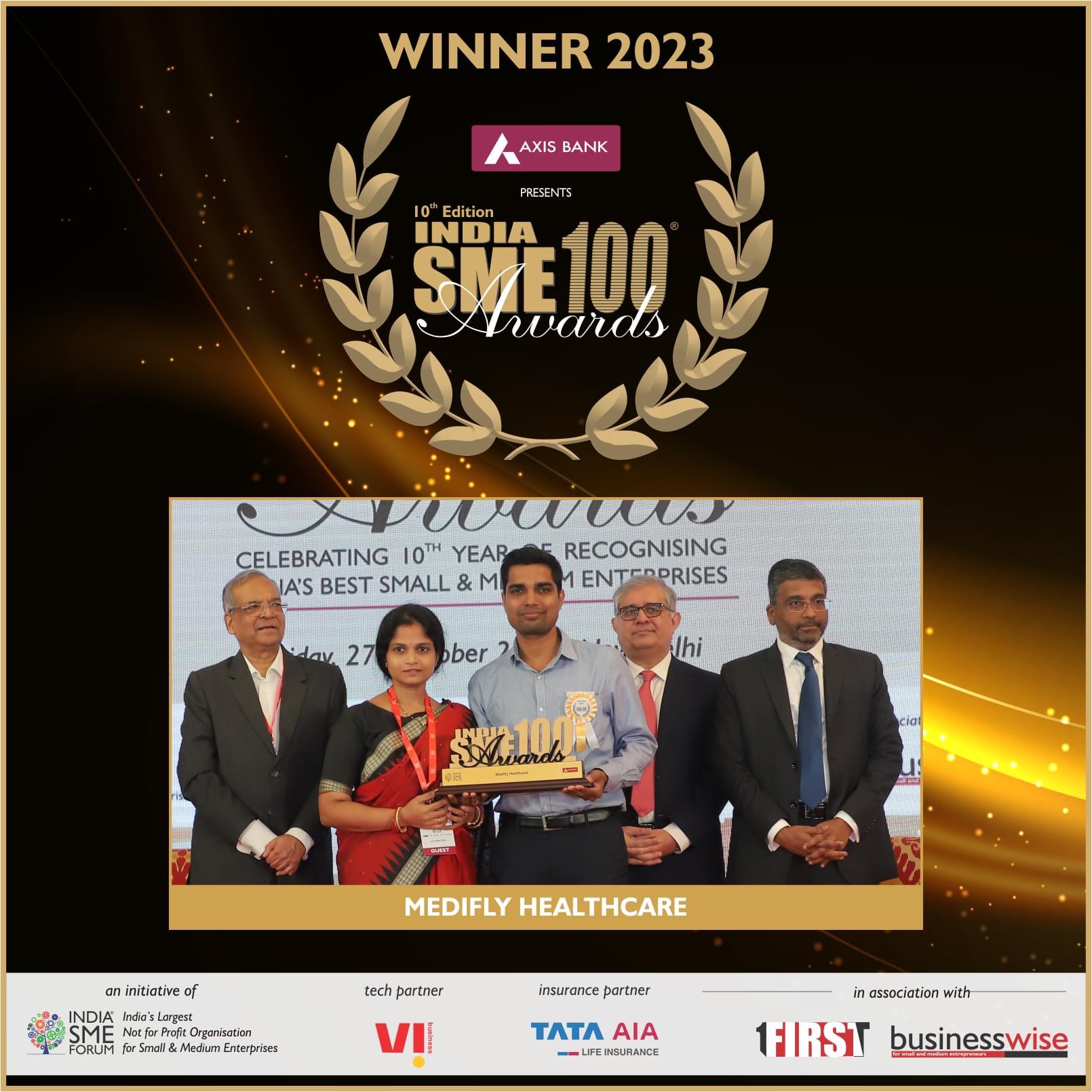 India SME 100 Awards 2023 winner board featuring Medifly Healthcare