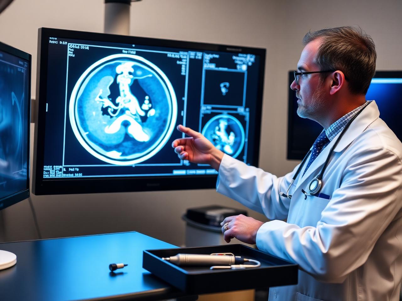 Specialist reviewing medical imaging before radiofrequency ablation