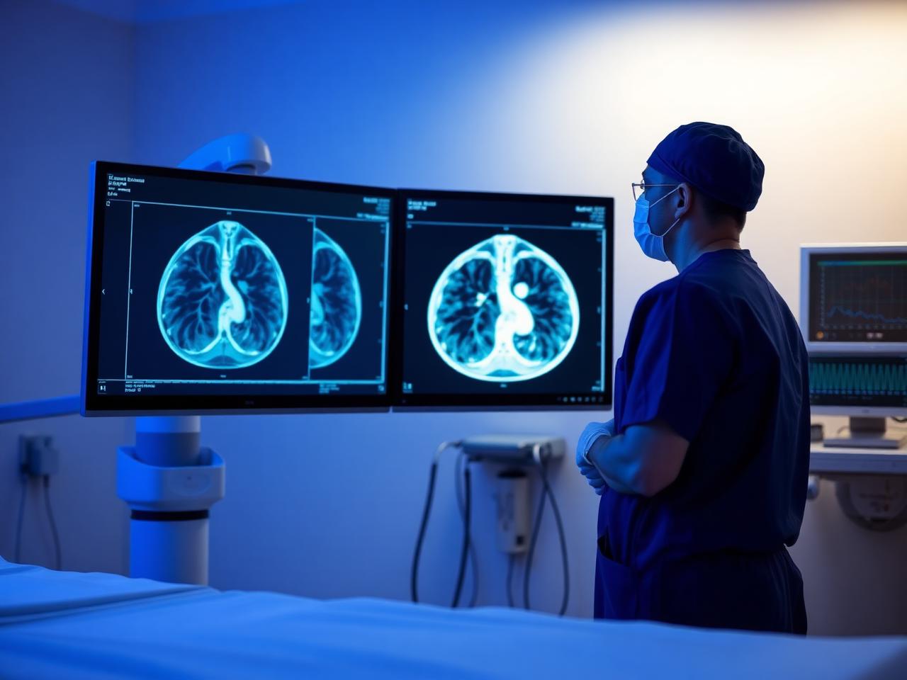 Thoracic surgeon reviewing a lung scan before segmentectomy