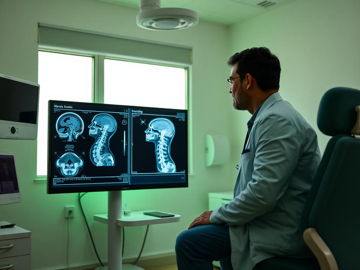 Specialist reviewing a spine tumour MRI with a patient in India