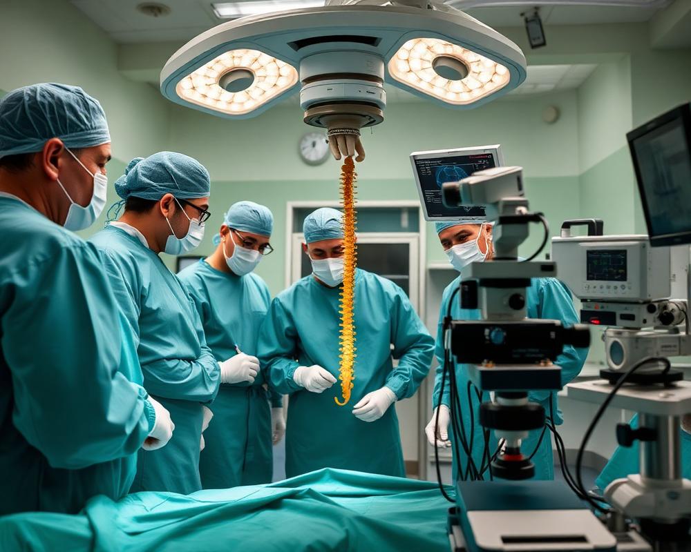Spine surgery team with operating microscope and neuromonitoring in an Indian hospital