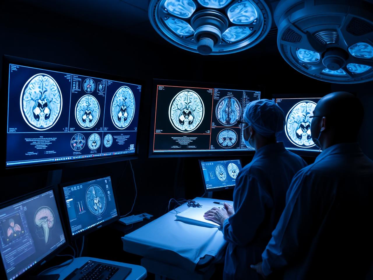 Neurosurgical team reviewing MRI images before a stereotactic brain biopsy