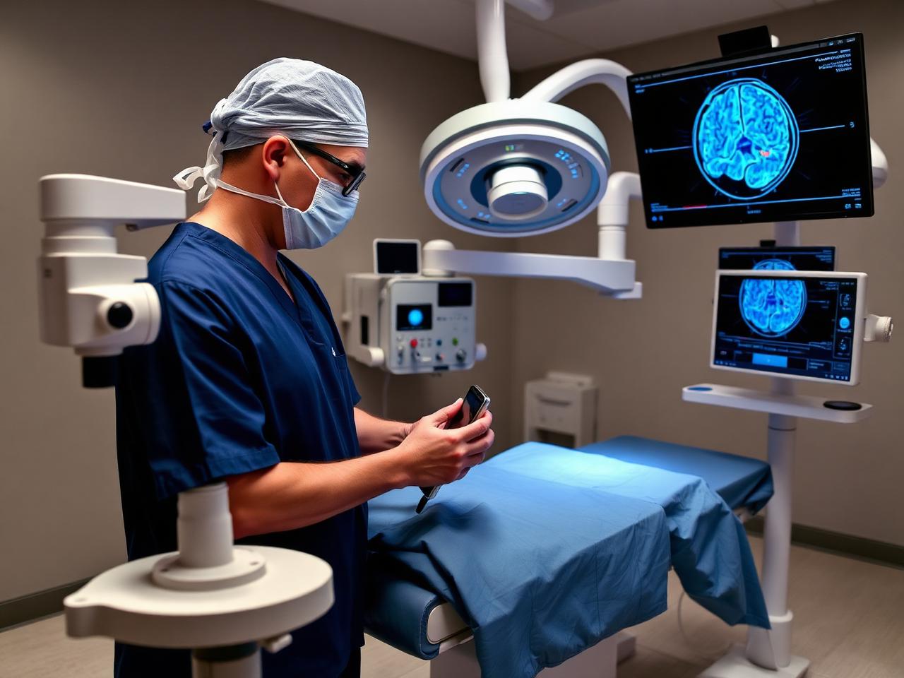 Neurosurgical team reviewing brain imaging before a stereotactic brain biopsy