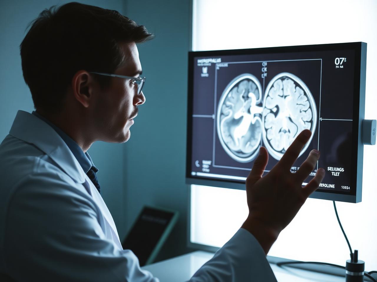 Neurospecialist reviewing brain imaging for hydrocephalus